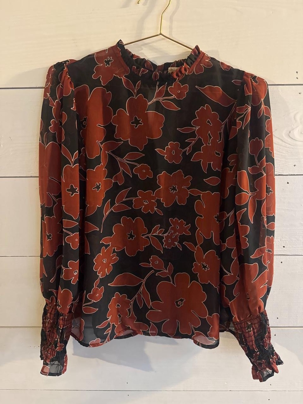 everleigh Black Sheer Blouse with Rust Floral Print